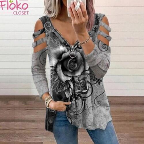 Flokocloset Casual V-Neck Zipper Rose Print Casual T-shirt Autumn Long Sleeve Hollow Our Women Tops Tees