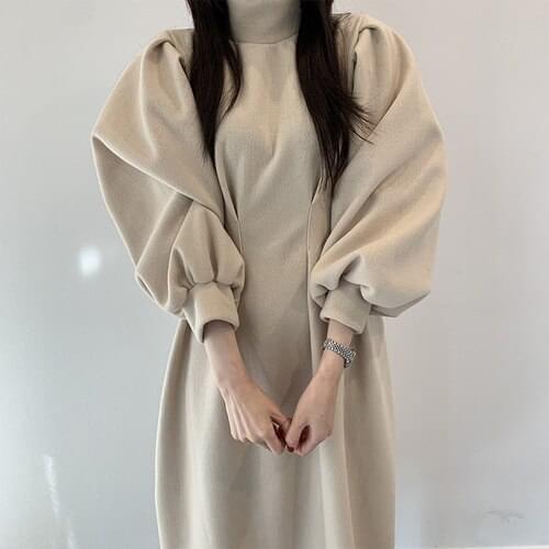 Chic Pleated Slim Waist Puff Sleeve Dresses Loose Simple All-match Turtleneck Hoody Dress Solid Color A-line Vestidos