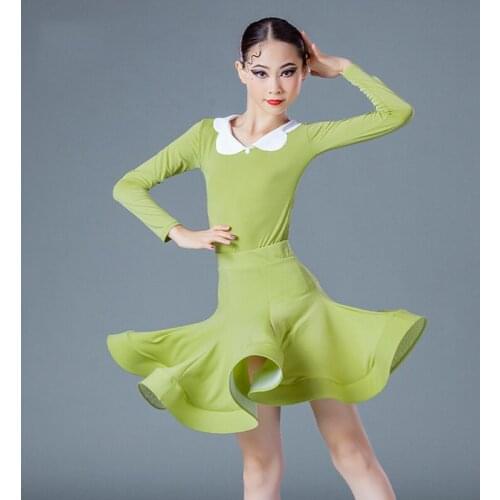 Doll Collar Light Green Long-Sleeved Split Latin Dance Dress For Girls Clothes Kids Practice Wear Ballroom Dance Dresses SL5364