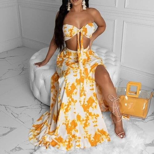 Tie-dye Yellow Two Piece Set Sexy Strapless Sleeveless V-neck Bandge CropTop Big Swing Skirt Summer Beach Vacation Dress 2021