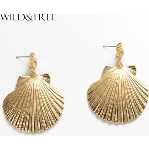 WILD & FREE 2019 Summer New Gold Shell Dangle Earrings For Women Statement Zinc Alloy Big Seashell Earrings Bohemian Jewelry