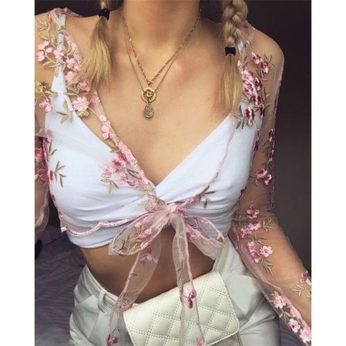 Women Long Sleeve Shirt Sexy Summer Clothing Women Floral Embroidery Mesh Sheer See-through Blouse Fashion Smock Tops