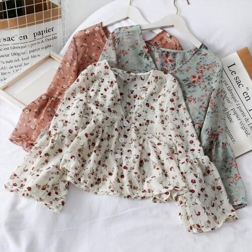 Womens Blouses Fashion V Neck Floral Print Blouses Sweet Fresh Long Sleeves Chiffon Shirt Casual Loose Tops