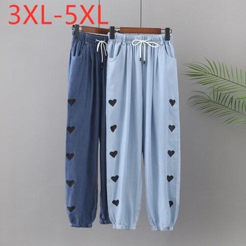 New 2021 Ladies Spring Summer Plus Size Viscose Denim Long Pants For Women Large Loose Casual Print Blue Trousers 3XL 4XL 5XL