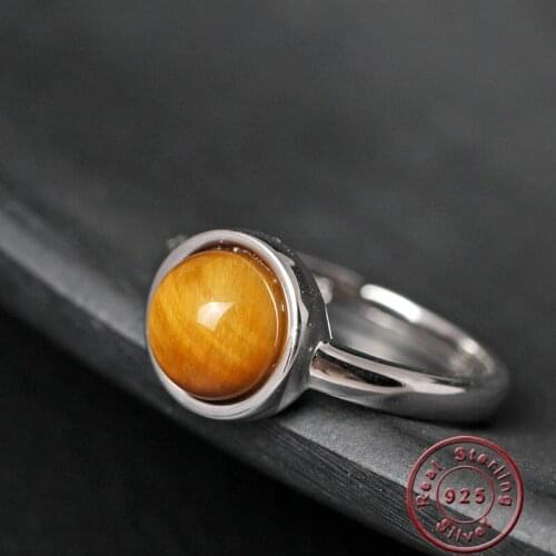 Amxiu Natural Tiger Eye Open Rings 925 Sterling Silver Ring Jewelry Handmade Rings For Women Girls Accessories Anniversary Gift