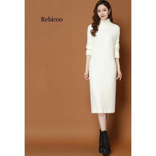 Women Autumn Winter Imitation Mink Cashmere Long Sweaters Dress Female Turtleneck Slim Warm Knitted Pullover Dresses