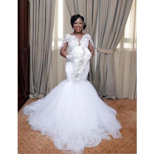 2020 New South African Wedding Dresses Mermaid Crew Sheer Neck Illusion Long Sleeve Applique Lace Tulle Vestido de novia