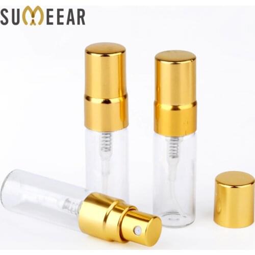 100PC/Lot 3ml Portable Sample Spray Bottle Transparet Glass Perfume Bottle Atomizer with Gold Metal Pump Travel Bottle Container