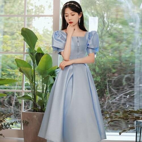 Buttons Square Sexy Qipao Lantern Sleeve Cheongsam Bowknot Belt Romantic Pleated Evening Party Dress Gown Zipper Blue Vestidos