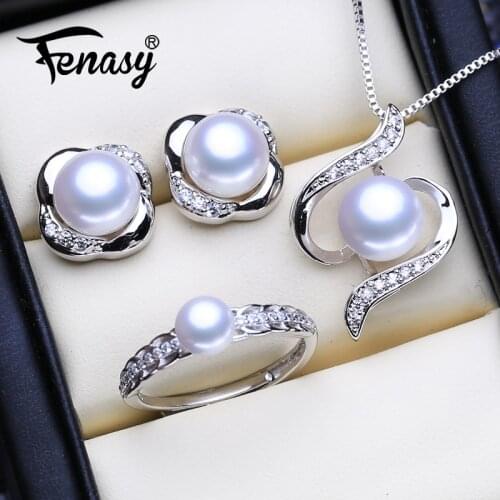 FENASY 925 Sterling Silver Jewelry Sets Natural Pearl Stud Earrings Custom Bohemian Pendant Chain Necklace For Women Ring Set