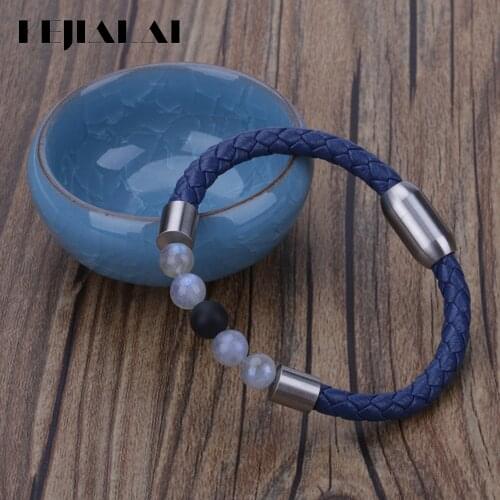 KEJIALAI 8mm Multi Colors Natural Semi Precious Stone Bead Stainless Steel Charms Blue Leather For Best Unisex Bracelet B5003