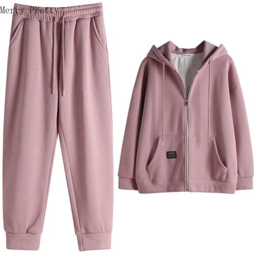 Fleece Tracksuits Women Plus Size Two Piece Sets Oversized Zippers Hooded Jacket And Elastici Waist Straight Pants Suits Clothes