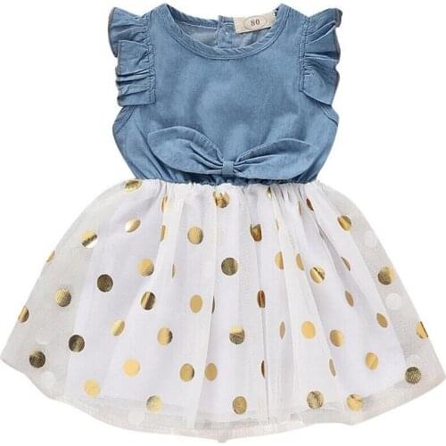 Summer Kids Baby Girl Princess Dress Sleeveless Bow High Waist Tank Dress Child Girl Denim Lace Tulle Patchwork Sundress 1-6Y