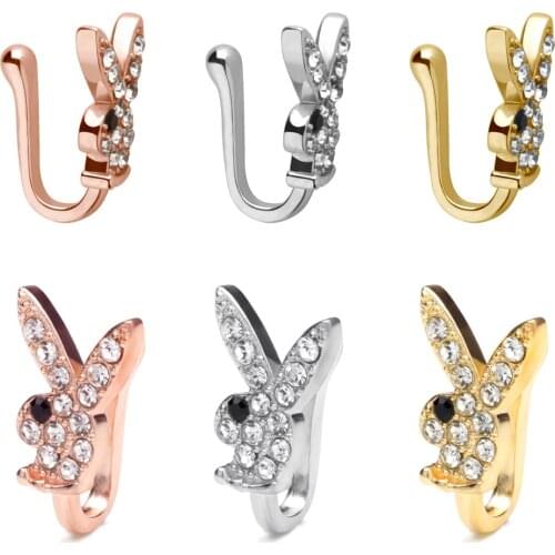 Cute Rabbit Fake Nose Ring Heart-shaped Stainless Steel Nose Non Piercing Rhinestones False Nostril Ring Piercing