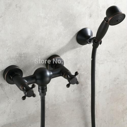 Antique Copper Black Shower Faucet Wall Mounted Double Handle Elegant Bathroom Shower Mixer Faucet with Hand Shower ZR033