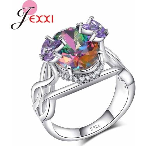Brand New Shiny Rainbow Oval Crystal with Purple Leaf Mystic Shape Women Ring Gift 925 Sterling Silver Wedding Jewelry