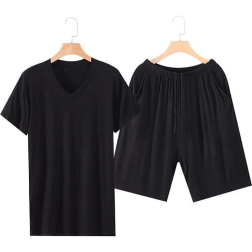 2pcs Mens Pajama Sets Solid Color O Neck/V-Neck Short Sleeve Tees Top & Loose Shorts Pijamas Male Summer Sleepwear pyjama homme