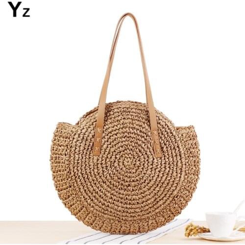 Aaby 2021 Round Straw Beach Bag Vintage Handmade Woven Shoulder Bag Circle Straw Bags Bohemian Summer Vacation Casual Bags
