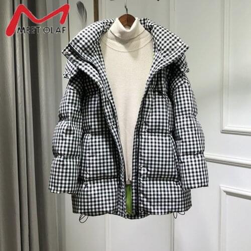 2021 Winter Womens Down Jacket Oversized Hooded Plaid Puffer Coat 90% White Duck Down Parkas Thick Warm Loose Snow Outwear