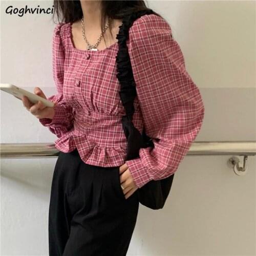 Rosy Women Shirts Simple Square Collar Plaid Vintage Long Puff Sleeve Sweet Crop Casual Ladies Ruffles Autumn Date Korean Retro