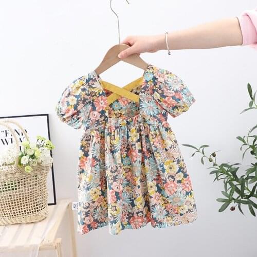 Vintage Girls Floral Dress Summer Kids Clothes Short Sleeve Flower Printed Cross Backless Dresses BB100