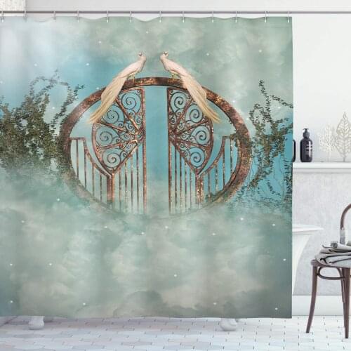 Fantasy Shower Curtain Fantasy Scene in Heaven with a Gate Greenery Birds Stars and Misty Weather Artwork Bathroom Decor Set