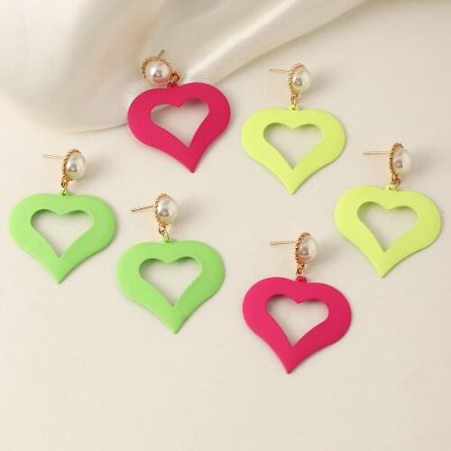 Korean Fashion Candy Color Hollow Heart Earrings for Women Statement Simple Imitation Pearl Earrings Bohemian Trendy Jewelry