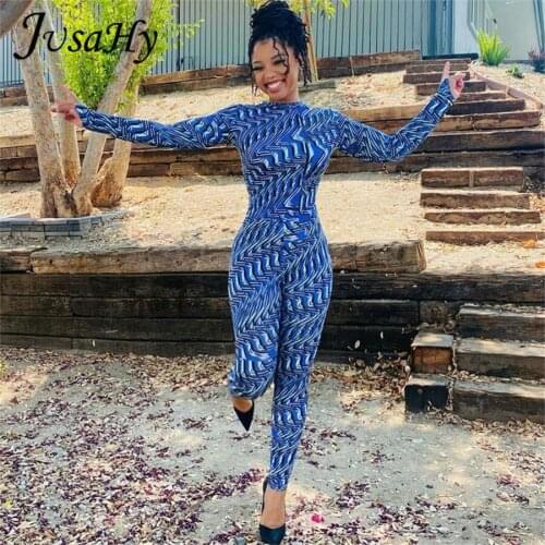 JuSaHy Y2K Aesthetic Print Jumpsuit for Women Long Sleeves Stretched Slim Bodycon Body-Shaping Outfits Casual Streetwear New
