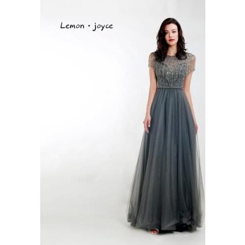 Lemon joyce Formal Evening Dresses Long 2020 for Women O-Neck Beading A-Line Prom Party Gown Plus Size