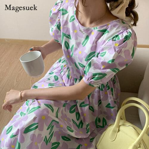 Chic Korea Summer 2021 Women Floral Dress Puff Sleeve Flower O-neck Purple Dress for Women Cute Sweet Loose Dress Vestidos 15713