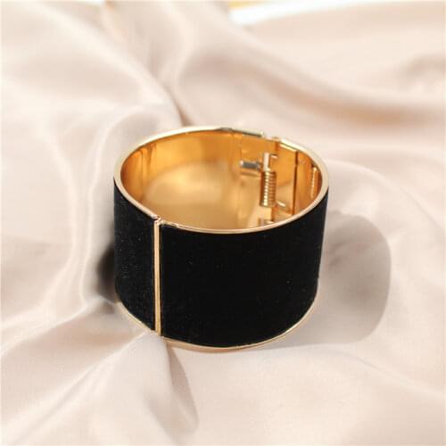 Big Wide Statement Gold Metal Alloy Fashion Trendy Black Velvet Bangles for Women Female Wedding Party Wristband Jewelry Gift