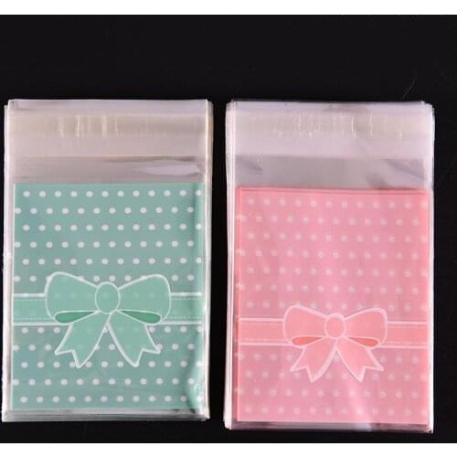 100Pcs/set Plastic Gift Sealing OPP Lovely Pink Blue Bow Adhesive Cake Gift Packages Cookie Candy Pack Paper Bags