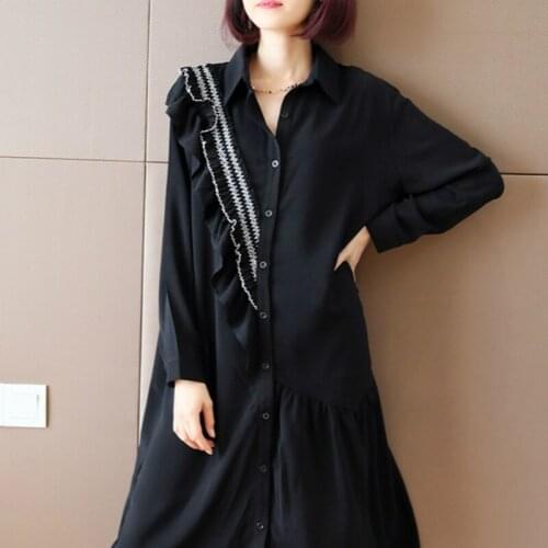 2020 New Winter Autumn Long Sleeve Singer Breasted Patchwork Loose Ruffle Top Black Chiffon Retro Shirt Dresses for Ladies