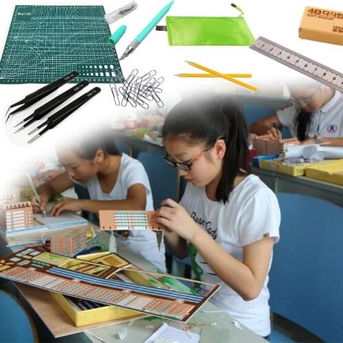 23pcs/set DIY Assembling Toy Paper Model Toys Puzzle Kit Set Tweezers Pads Ruler Pencil Paper Clips Rubber Carving Knives