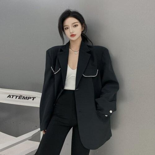 Black Casual Suit Jacket Women 2021 Autumn Loose Fried Street Pearl Blazer Long Sleeve Office Lady Vintage Suit Coat Streetwear
