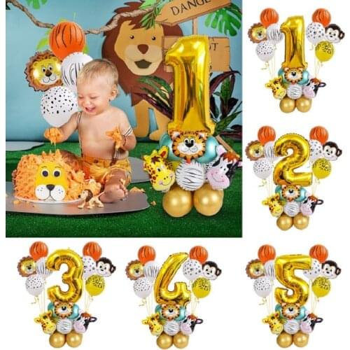 27pcs Jungle Animal Balloons Set Chrome Metallic Latex Balloon 12inch Gold Number Globos Kids Birthday Party Baby Shower Decor