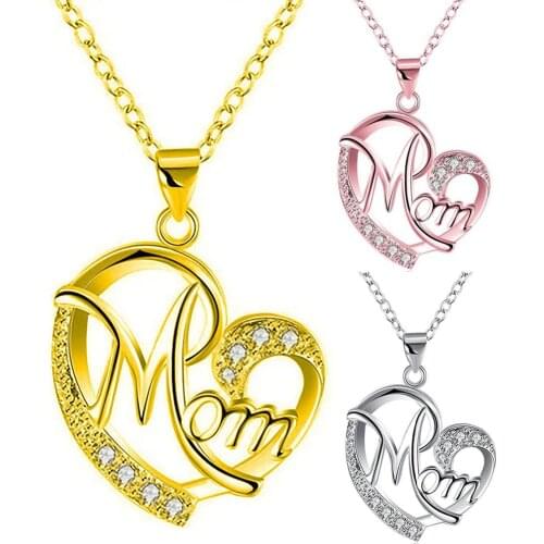 Fashion Rhinestone Mom Letter Love Heart Pendant Necklace Jewelry Birthday Gift