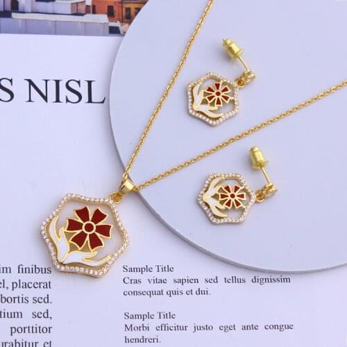 Fashionable Jewelry Set Earrings Zircon Necklace Enamel Holding flowers sets Round Pendant Party gifts