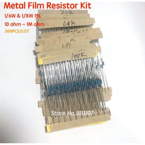 300PCS 1/6W & 1/8W 1% Metal Film Resistor Kit 10 ohm - 1M ohm Color Ring Resistance 10R-1MR Resistor Assorted Set 30 Values
