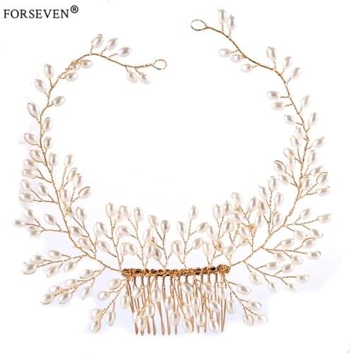 New 100% Handmade Gold Simulated Pearl Tiara Hair Comb For Vintage Bride Hair Accessories Hairwear Wedding Hair Jewelry FS014