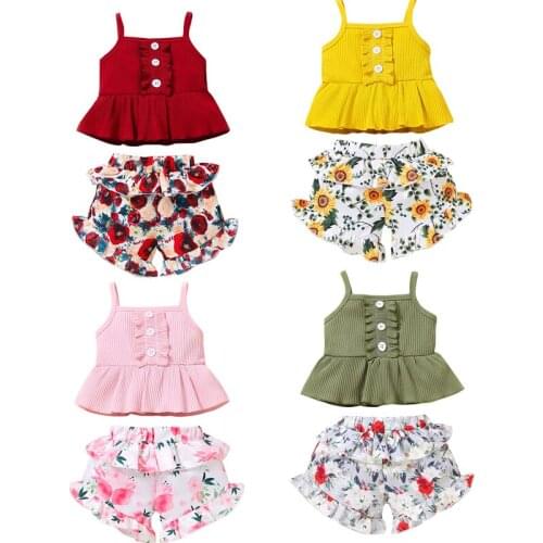Toddler Baby Girl Solid Color Sleeveless Spaghetti Strap Tops Floral Print Shorts Summer Clothing 0-3Years