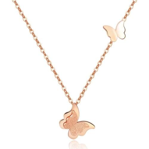 18KGP Rose Gold Color Titanium Steel Frosted Butterfly Pendant Necklace Women Fashion 316L Stainless Steel Jewelry (GN211)