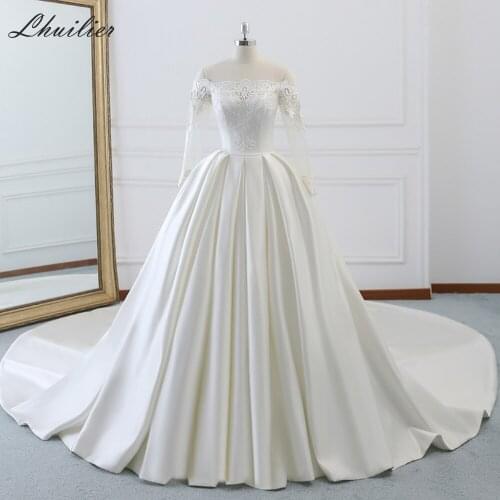 Lhuilier Boat Neck Satin A-line Wedding Dresses 2020 Full Sleeves Lace Appliques Chapel Train Corset Back Bridal Dress