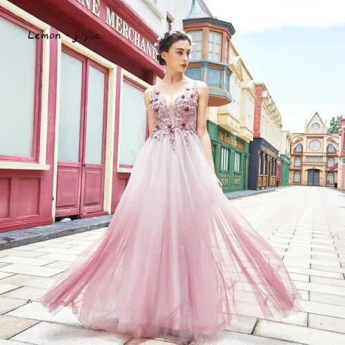 Lemon joyce Pink Prom Dresses Long Sexy V-neck See-through Evening Dresses Girls Dresses Spring 2020