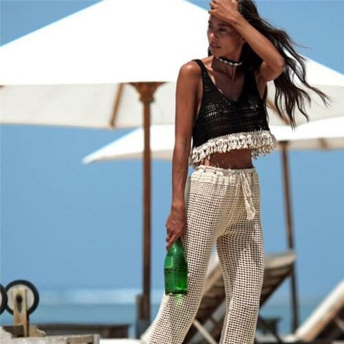 New Summer Womens Crochet Tanks Tops Sexy Hollow out Loose Pullover Sleeveless Crop Top Tassel Vest Top Tank Beach wear Female