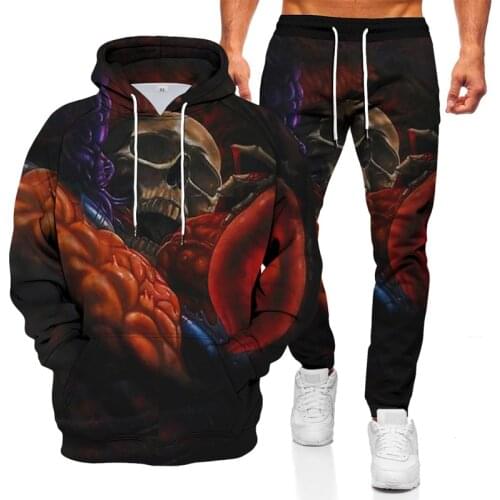 2021 spring and autumn mens 3D skull print pullover sweater + casual pants suit mens sports and leisure two-piece men