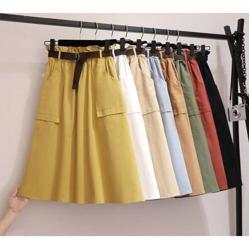 Preppy Style Women Summer Skirt 2021 Spring Casual Solid High Waist With Belt Big Pocket Cotton Elegant Office Party Midi Skirts