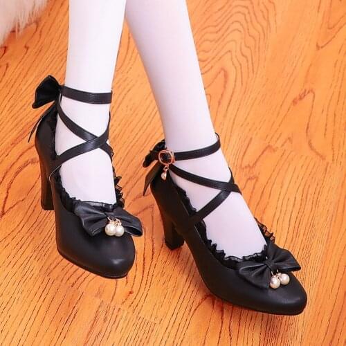 2021 Lolita Sweet Style Girls Black Pink White Buckles Cute Mary Janes Lovely Platform Shoes Woman High Heels Pumps Big Size 43