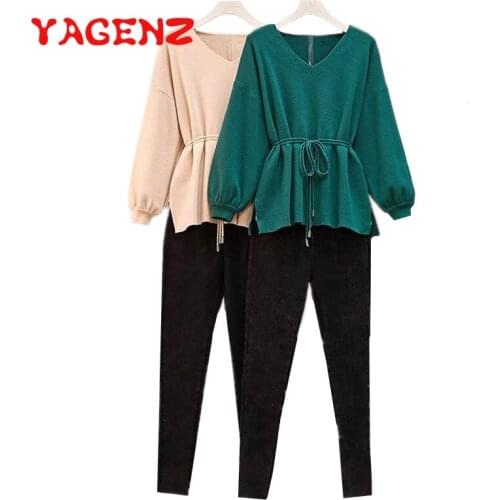 YAGENZ Plus Size Two Piece Set Women Clothes Long Sleeve Knitted Sweater Top And Jeans Spring and Autumn 2 Piece Set Women 708