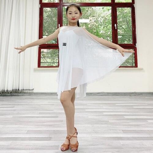 New Latin Practice Dress Children White Mesh Latin Dance Dress For Girls Practice Clothes Cha Cha Rumba Samba Latin Wear DQS5217
